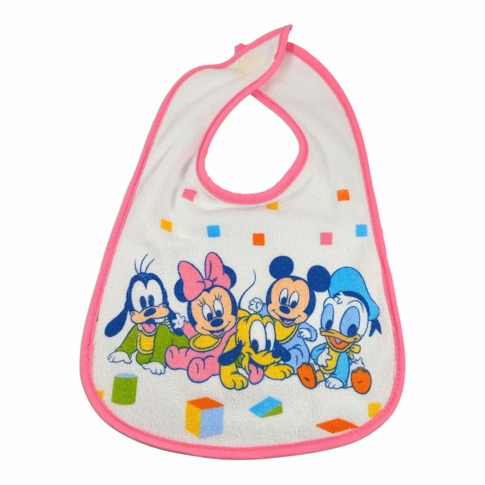 Vintage Classic Disney Mickey, Minnie, Donald,‎ Goofy, Pluto Pink Baby Bib 90s